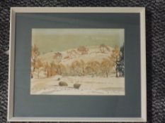 A watercolour, Henry W Bracken, winter sheep, 14 x 20cm, plus frame and glazed