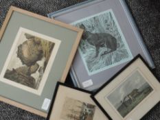 A print, hare, 22 x 18cm, two engravings C19th, and an etching St Malo, 12 x 8cm, each plus frame