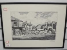 A print, after Geoffrey H Pooley, Market Day at Kirkby Lonsdale, signed, 24 x 36cm, plus frame and