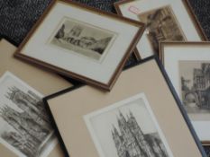 Five etchings, inc Cockingham church, 10 x 16cm and cathedrals, each plus frame and glazed