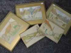 Four watercolours, H Woodhead, thatched chocolate box cottage views, inc estuary village, 17 x 23cm,