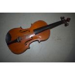 A traditional violin having two piece 14inch tiger stripe back, no case or bow