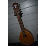 A traditional teardrop flat back mandolin, unmarked, in padded gig bag