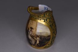 A small porcelain beaker being hand decorated with scene of a cherub signed A Dagoty Paris (handle