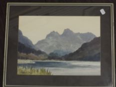 A watercolour, E Greig Hall, Langdale Pikes from Elterwater, signed and dated, (19)81, and