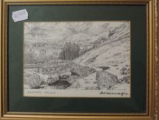 A print, after Alfred Wainwright, Ashness Bridge, 12 x 17cm, plus frame and glazed