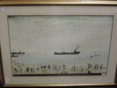 A print, after Lowry, Waiting for the Tide, 45 x 67cm, plus frame and glazed