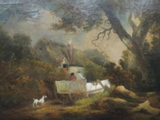 An oil paintings, cottagers returning home, C19th, 62 x 75cm, plus frame