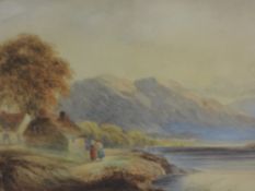 A watercolour, in the style of Varley, mountainous lake and cottages, 22 x 40cm, plus frame an