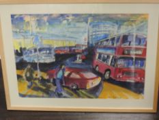 A near pair of watercolours Jan Newhouse, townscapes, 38 x 56cm approx, plus frame and glazed