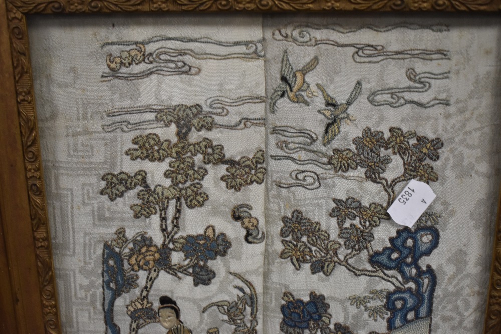 A framed Chinese silk screen needle work embroidery of a fantasy landscape in gilt frame possibly - Image 2 of 3