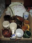 A box of vintage and antique miscellaneous ceramics and a mantel clock.