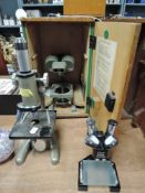 Six vintage microscopes including Opax and Prior.