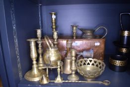 A selection of brass wares and a copper fish steamer