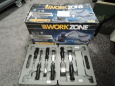 A Workzone drywall sander and a set of screwfix chisels.