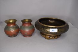 A Japanese cloisonne bowl having fine black ground with gold detailing and two Islamic style vase