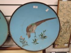A large Japanese cloisonne charger depicting a pheasant in foliage on azure blue back ground 45cm