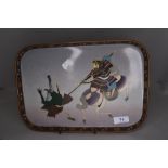 An exquisite Japanese cloisonne tray with fine detail imagery of a Samurai on horse back spearing