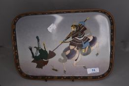 An exquisite Japanese cloisonne tray with fine detail imagery of a Samurai on horse back spearing