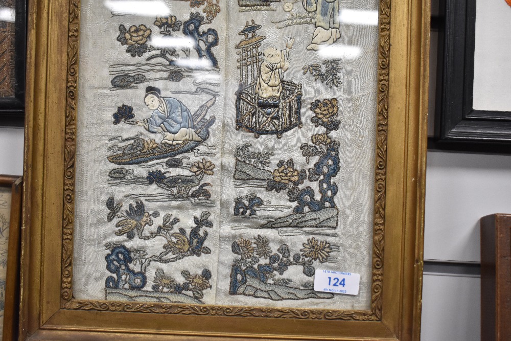 A framed Chinese silk screen needle work embroidery of a fantasy landscape in gilt frame possibly - Image 3 of 3