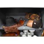 A selection of ladies handbags and purse also a bowler hat