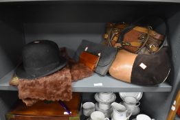 A selection of ladies handbags and purse also a bowler hat