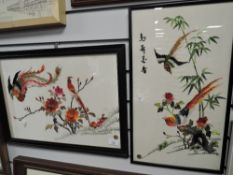 Two kitsch Chinese needle works of birds of paradise