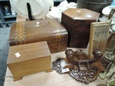 A collection of treen including inlaid box,hexagonal mahogany box,wall sconce and more.