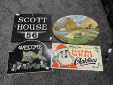Four vintage signs and plaques including 'Scott house' and 'welcome'.