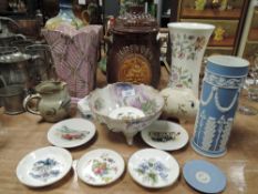 A mixed lot of ceramics including a Rumtopf, lustre vase,Minto vase, pin dishes and more.
