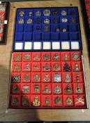 Two display cases containing Forty Nine metal Military Cap badges including Prince of Wales Vols,