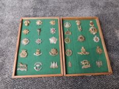 Two trays of metal Military Cap Badges including Dorsetshire, The Royal Scots, SAS, Reconnaissance
