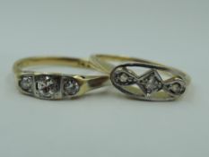 Two yellow metal dress rings, both having diamond chip decoration, marks worn, approx 4.6g