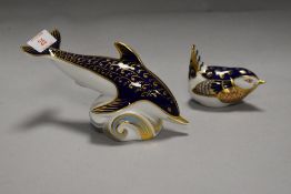 Two figure paper weights by Royal Crown Derby of a Dolphin and a Wren both having gold back stamps