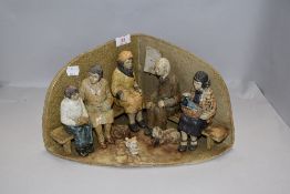 A studio pottery folk art style diorama of people waiting for bus or similar