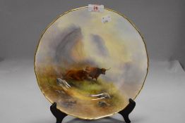 A hand decorated and painted plate by Royal Worcester having highland cow image by J Stinton