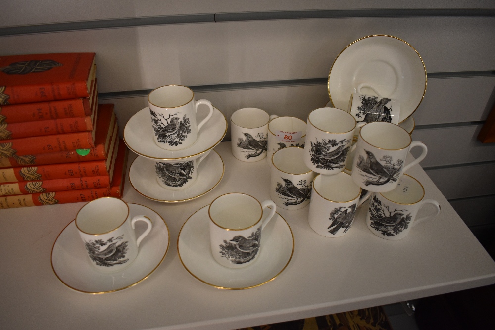 A set of coffee cans and saucers by Crown Staffordshire, bird series by Thomas Bewick.