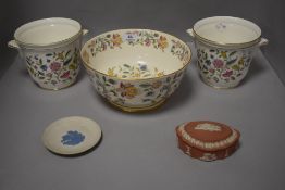 A Minton Haddon Hall bowl and pair of matching planters, sold together with a Wedgewood Jasper