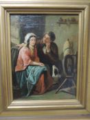 An oil painting, cottagers with spinning wheel, indistinctly signed, 20 x 15cm, plus frame