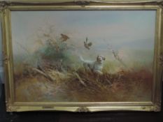 An oil painting, Kingman, pointer and pheasant, signed, 60 x 90cm, plus frame