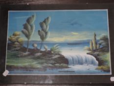 A gouache painting, Oriental coastal scene, 28 x 43cm, a Ltd Ed mixed media picture, Glyn