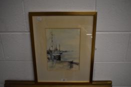 P Morris (British, contemporary) watercolour, harbour scene, signed and entitled 'Grimsby' to mount,
