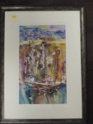 Lynee Frost (British contemporary) watercolour, vibrant harbour scene, signed lower right, mounted