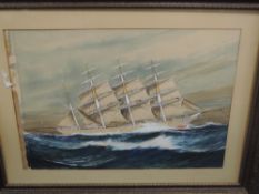 A watercolour, John W Hardcastle, Clyde clipper/barque Queen Margaret, signed, 50 x 70cm, plus frame