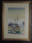A watercolour, John Shooter, moored boats, signed, 30 x 20cm, plus frame and glazed