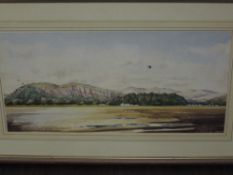A watercolour, Duncan Ibbotson, Kent Estuary and Whitbarrow, signed and attributed verso, 23 x 48cm,
