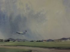 A watercolour, John H M, Taking off from Ronaldsway BMA, indistinctly signed, and attributed verso