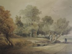 A watercolour, attributed to F Smith, A Stream with Peasant under a Tree, attributed verso,