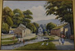 F Cawthorne (British 20th century) watercolour, rural village scene, signed lower left, entitled '