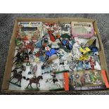 A box of Britains, Timpo, Lone Star and similar plastic figures etc along with a Airfix plastic